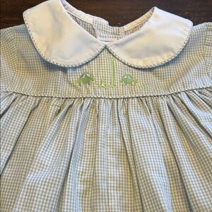 Lullaby Set Monogrammed “J” with Cars Pale Green Check Romper